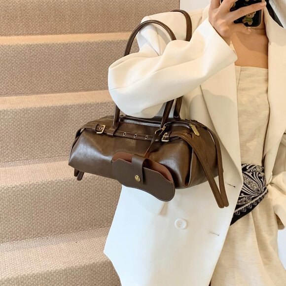 Wome'ns Coffee PU Leather Tote Bag Casual Bowling Bag Purse Retro Underarm - Picture 3 of 9